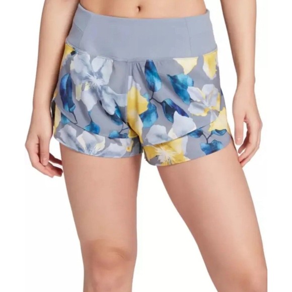 CALIA‎ Womens Printed Petal Hem Stretch Performance Shorts L Gray Blue Yellow - Picture 1 of 6